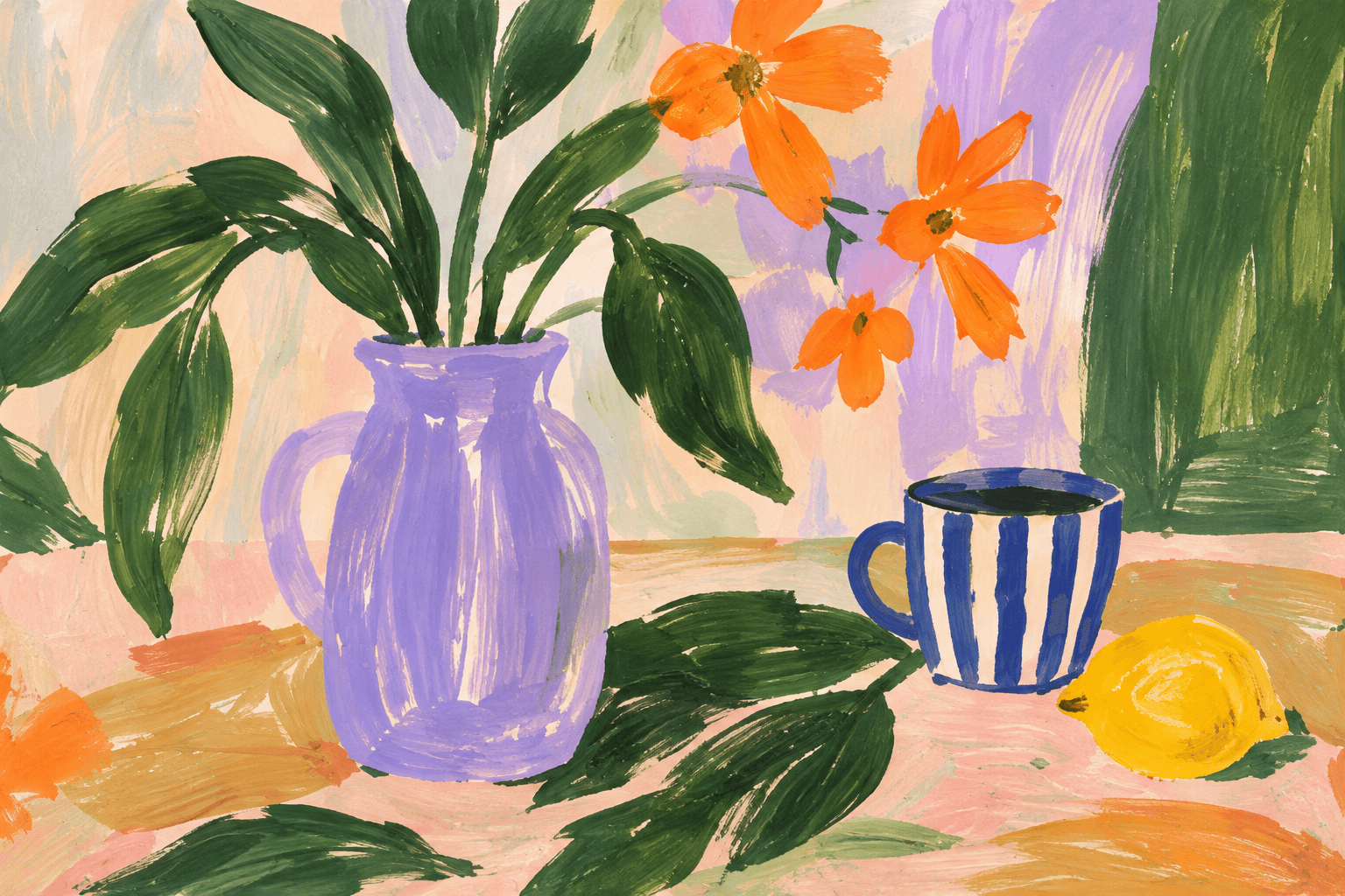 A painted still life of orange flowers in a lavender vase beside a striped mug and a lemon